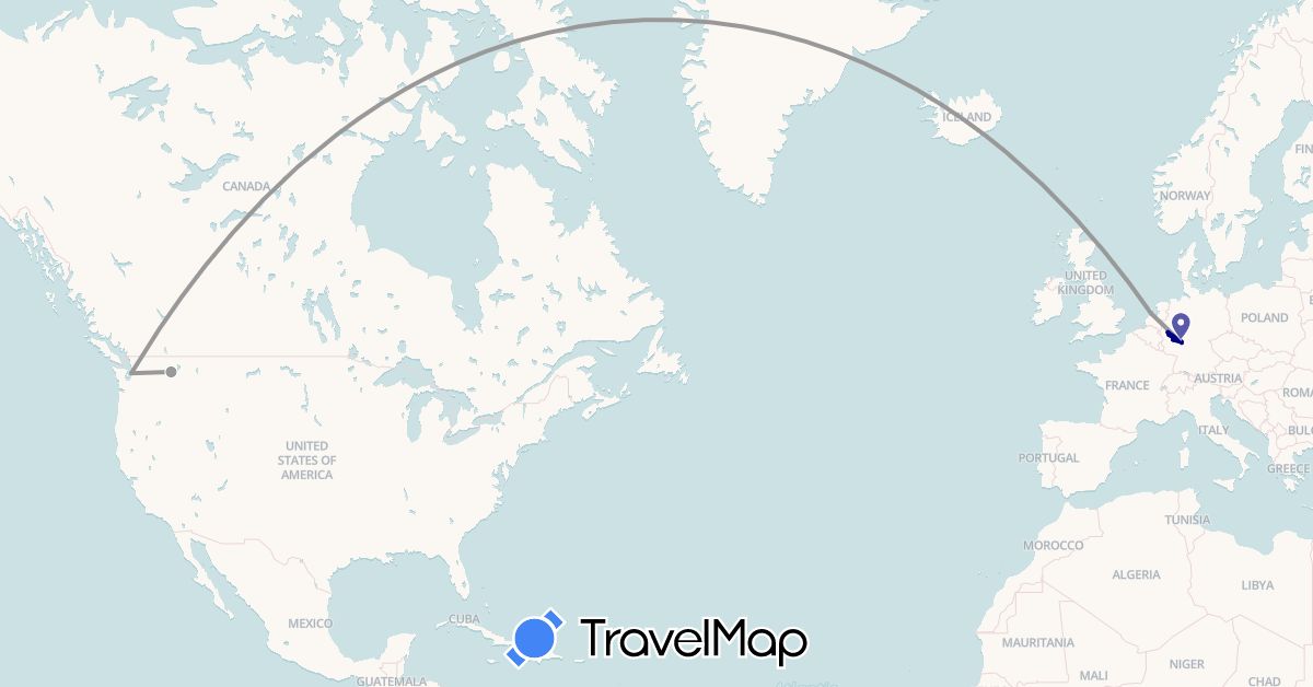 TravelMap itinerary: driving, plane in Germany, Netherlands, United States (Europe, North America)